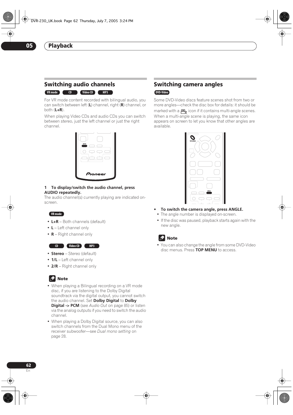 Switching audio channels, Switching camera angles, Playback 05 | Pioneer RCS-55 User Manual | Page 62 / 104