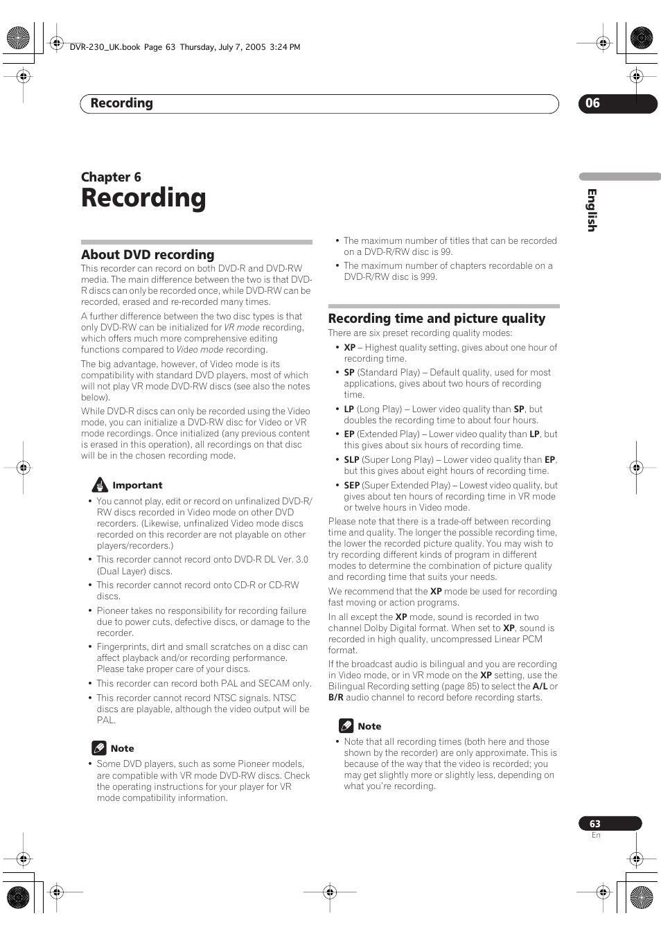 About dvd recording, Recording time and picture quality, Recording | Recording 06, Chapter 6 | Pioneer RCS-55 User Manual | Page 63 / 104