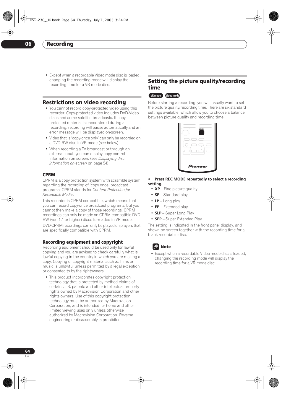 Restrictions on video recording, Setting the picture quality/recording time, Recording 06 | Cprm, Recording equipment and copyright | Pioneer RCS-55 User Manual | Page 64 / 104