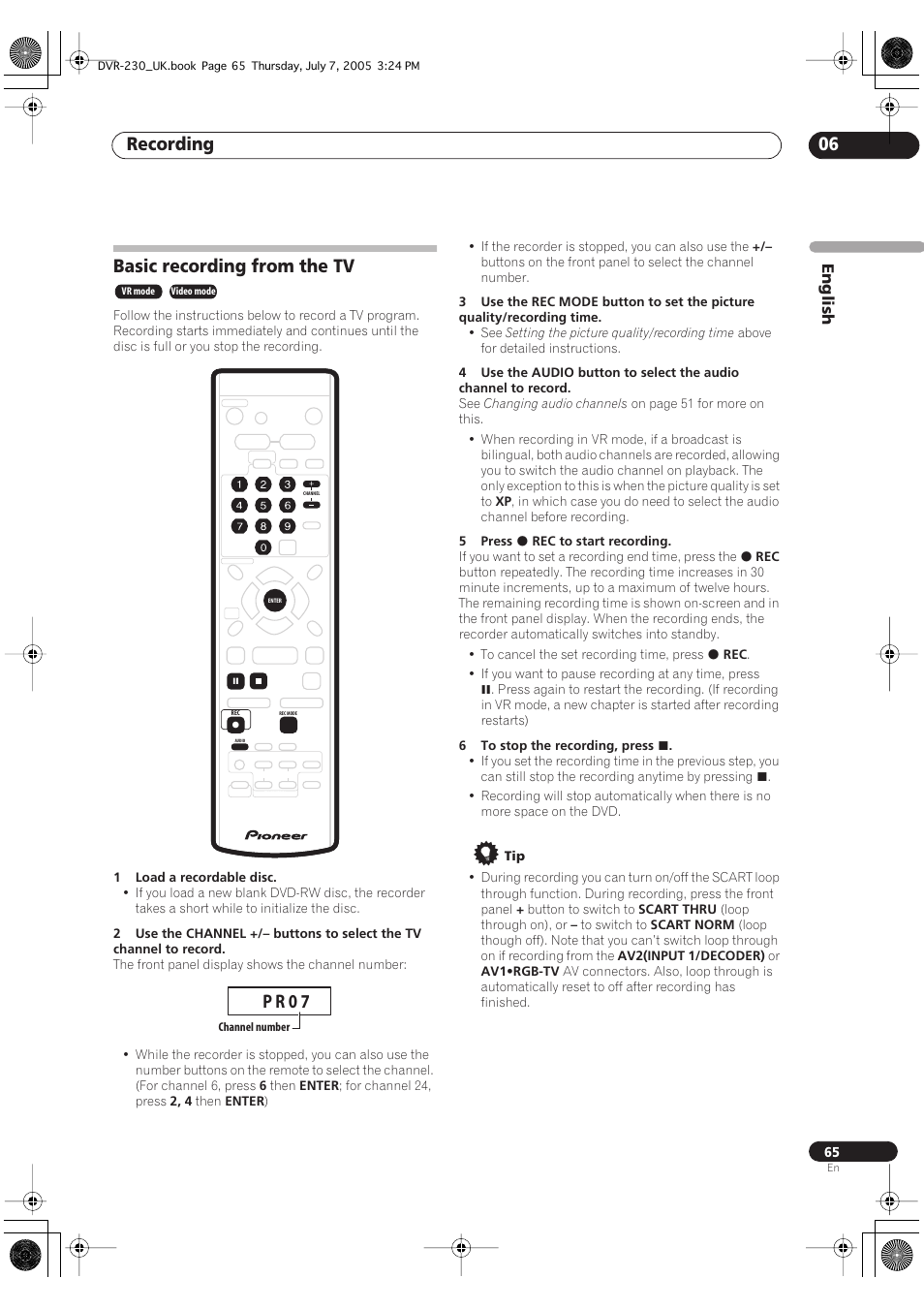 Basic recording from the tv, Recording 06, P r 0 7 | English | Pioneer RCS-55 User Manual | Page 65 / 104