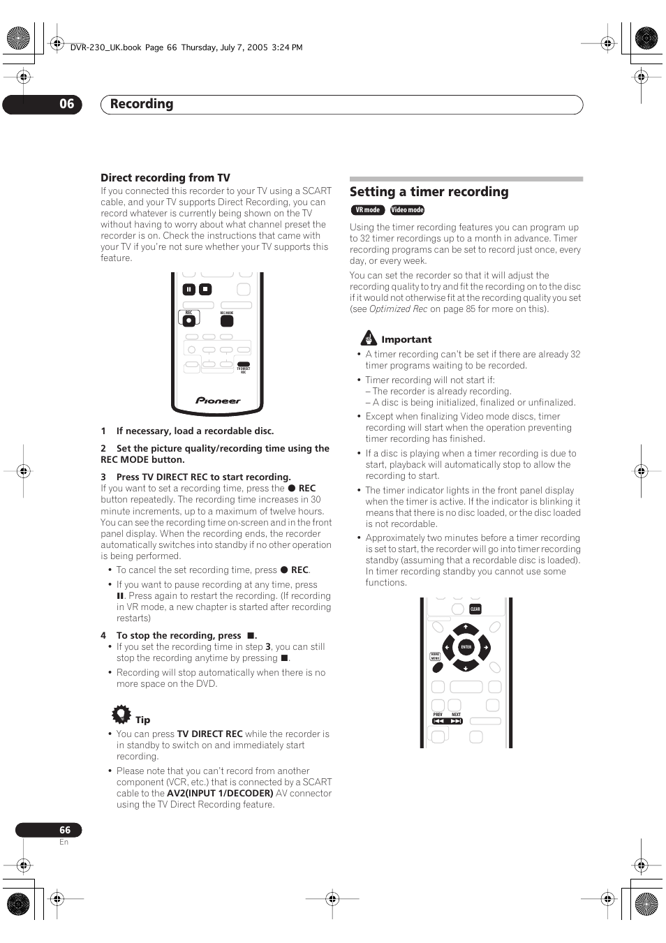 Setting a timer recording, Recording 06, Direct recording from tv | Pioneer RCS-55 User Manual | Page 66 / 104