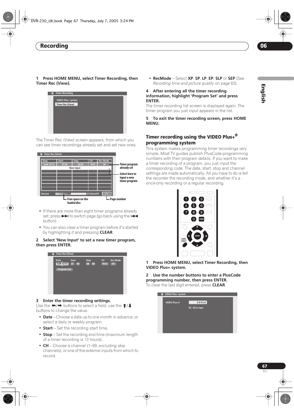 Recording 06, English, Timer recording using the video plus | Programming system | Pioneer RCS-55 User Manual | Page 67 / 104