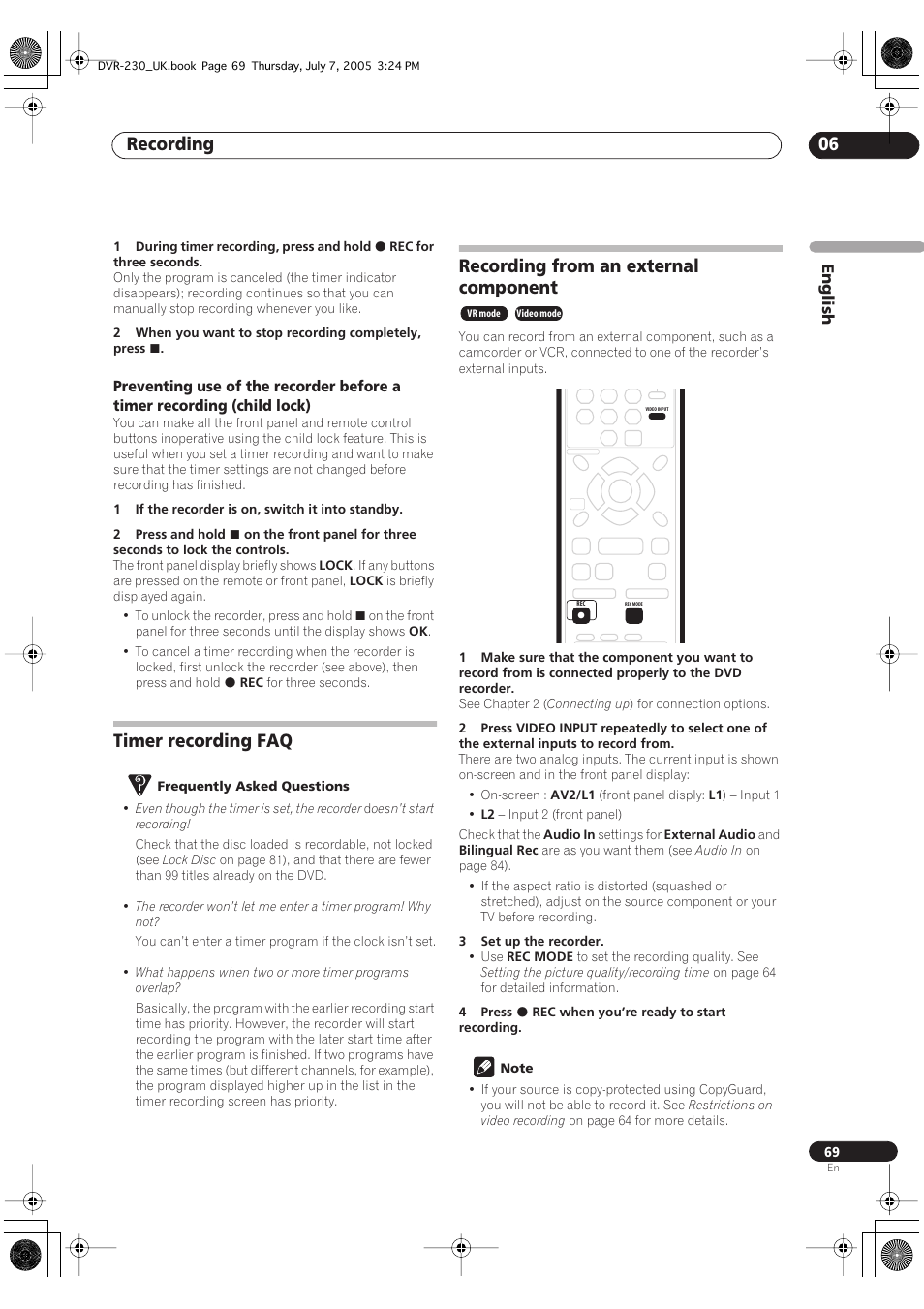 Timer recording faq, Recording from an external component, Recording 06 | English | Pioneer RCS-55 User Manual | Page 69 / 104