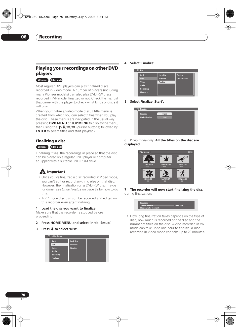 Playing your recordings on other dvd players, Recording 06, Finalizing a disc | Pioneer RCS-55 User Manual | Page 70 / 104