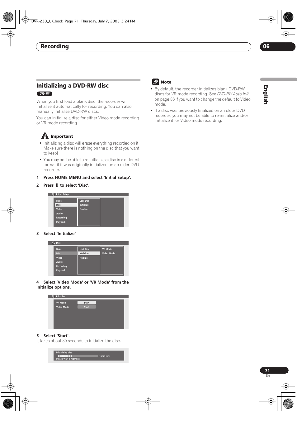 Initializing a dvd-rw disc, Recording 06, English | Pioneer RCS-55 User Manual | Page 71 / 104