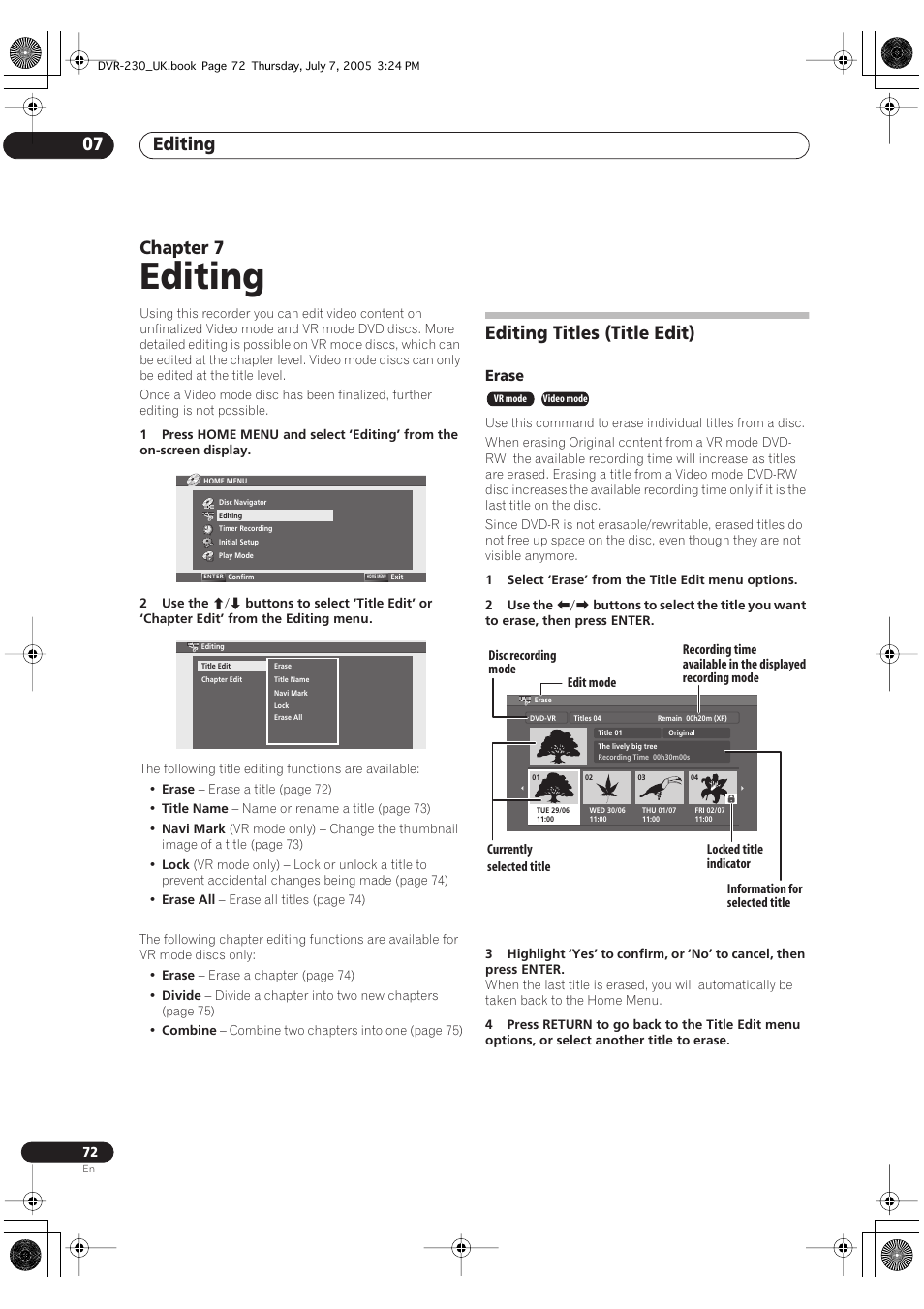 07 editing, Editing titles (title edit), Editing | Editing 07, Chapter 7, Erase | Pioneer RCS-55 User Manual | Page 72 / 104