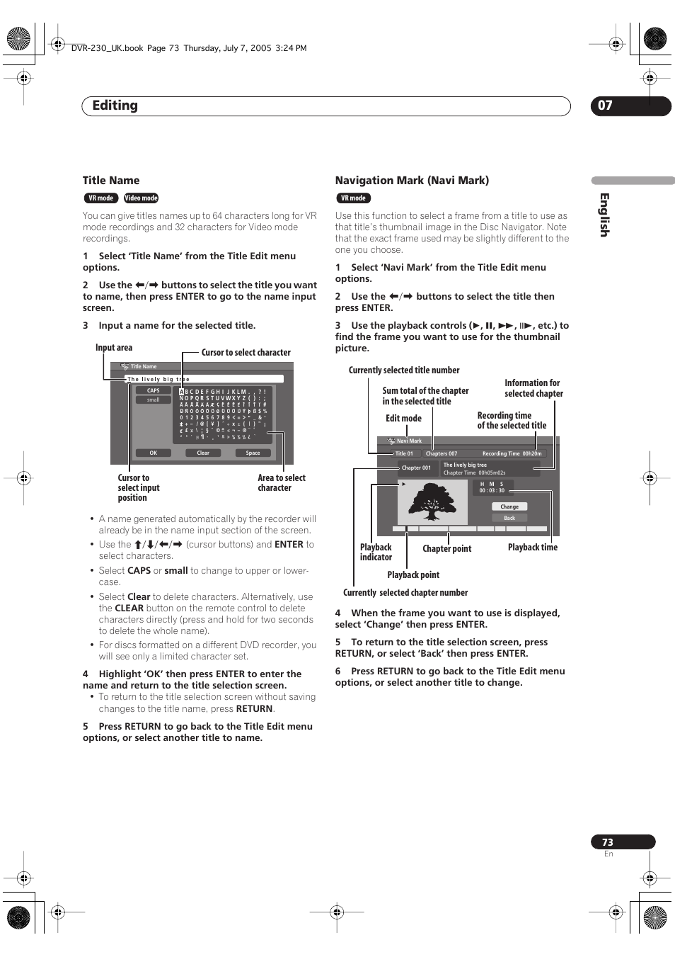 Editing 07, English, Title name | Navigation mark (navi mark) | Pioneer RCS-55 User Manual | Page 73 / 104