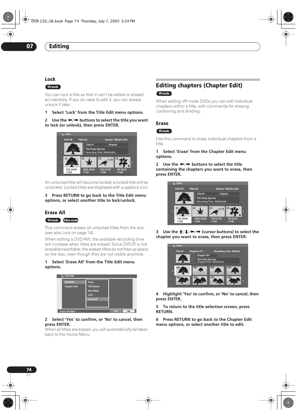Editing chapters (chapter edit), Editing 07, Lock | Erase all, Erase | Pioneer RCS-55 User Manual | Page 74 / 104