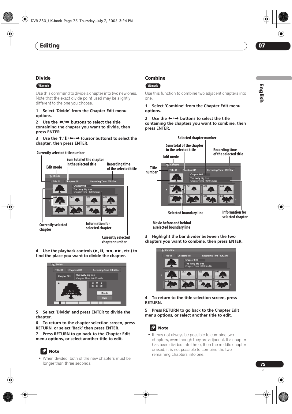 Editing 07, English, Divide | Combine | Pioneer RCS-55 User Manual | Page 75 / 104