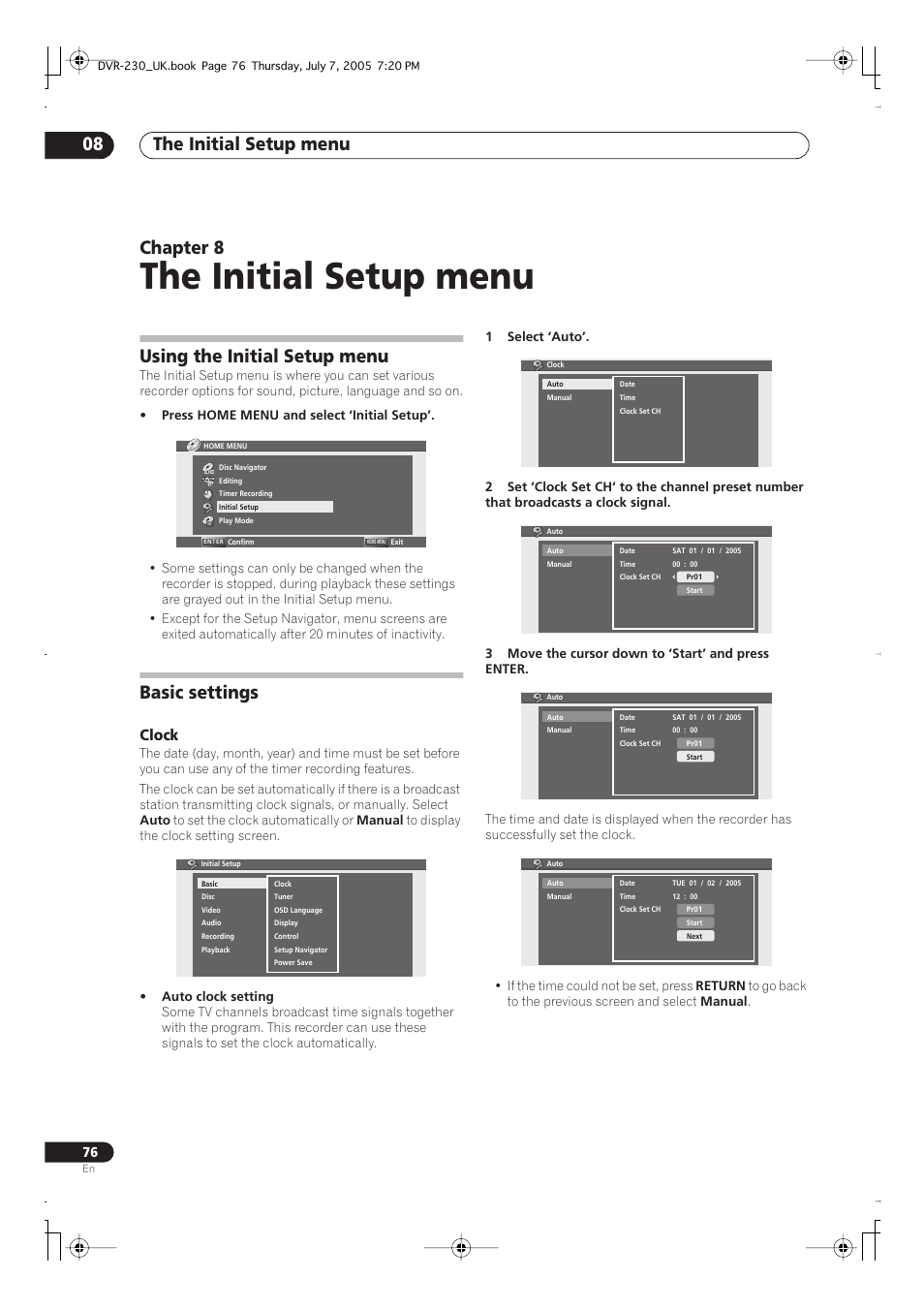 08 the initial setup menu, Using the initial setup menu, Basic settings | The initial setup menu, The initial setup menu 08, Chapter 8, Clock | Pioneer RCS-55 User Manual | Page 76 / 104