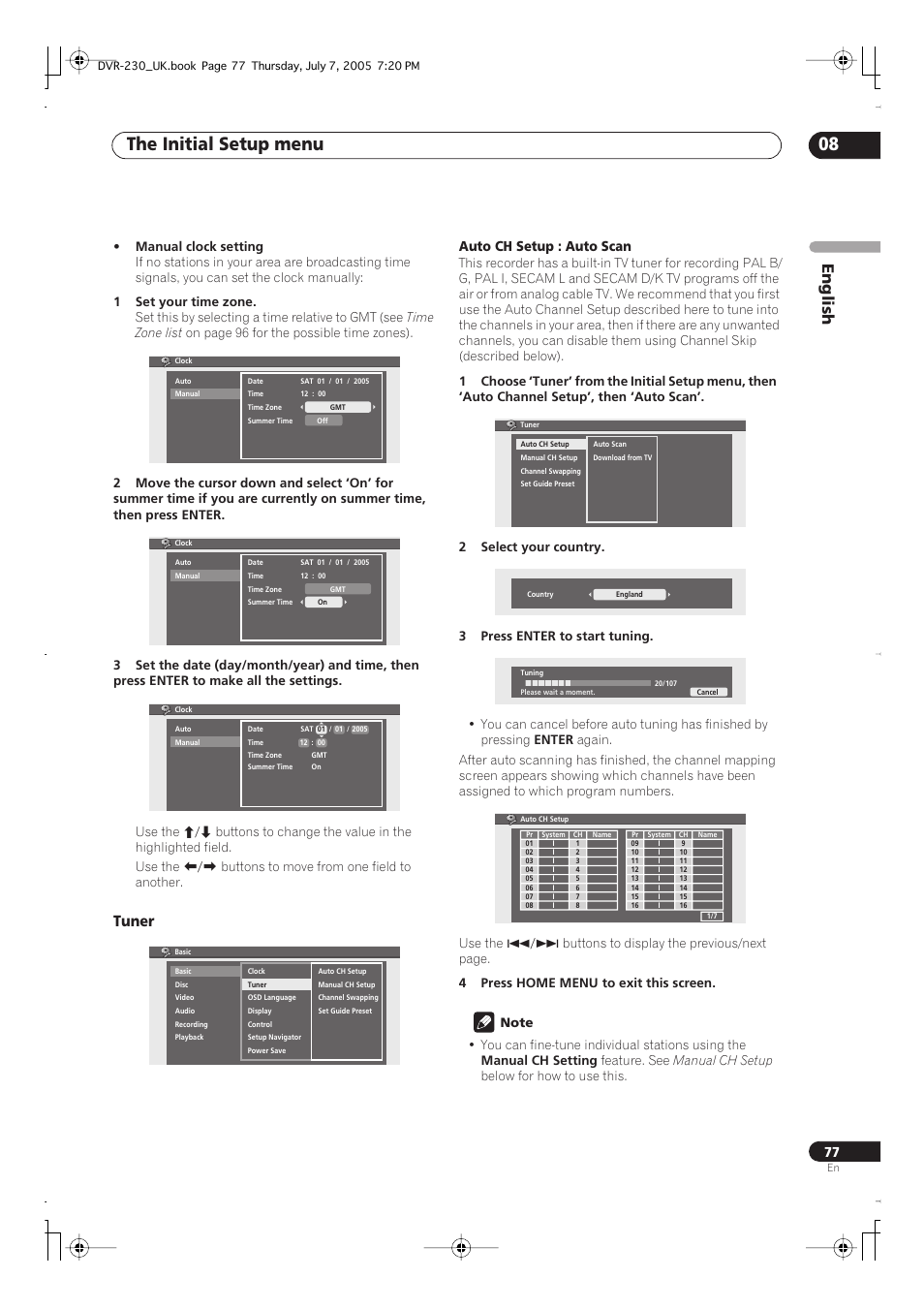 The initial setup menu 08, English, Tuner | Pioneer RCS-55 User Manual | Page 77 / 104