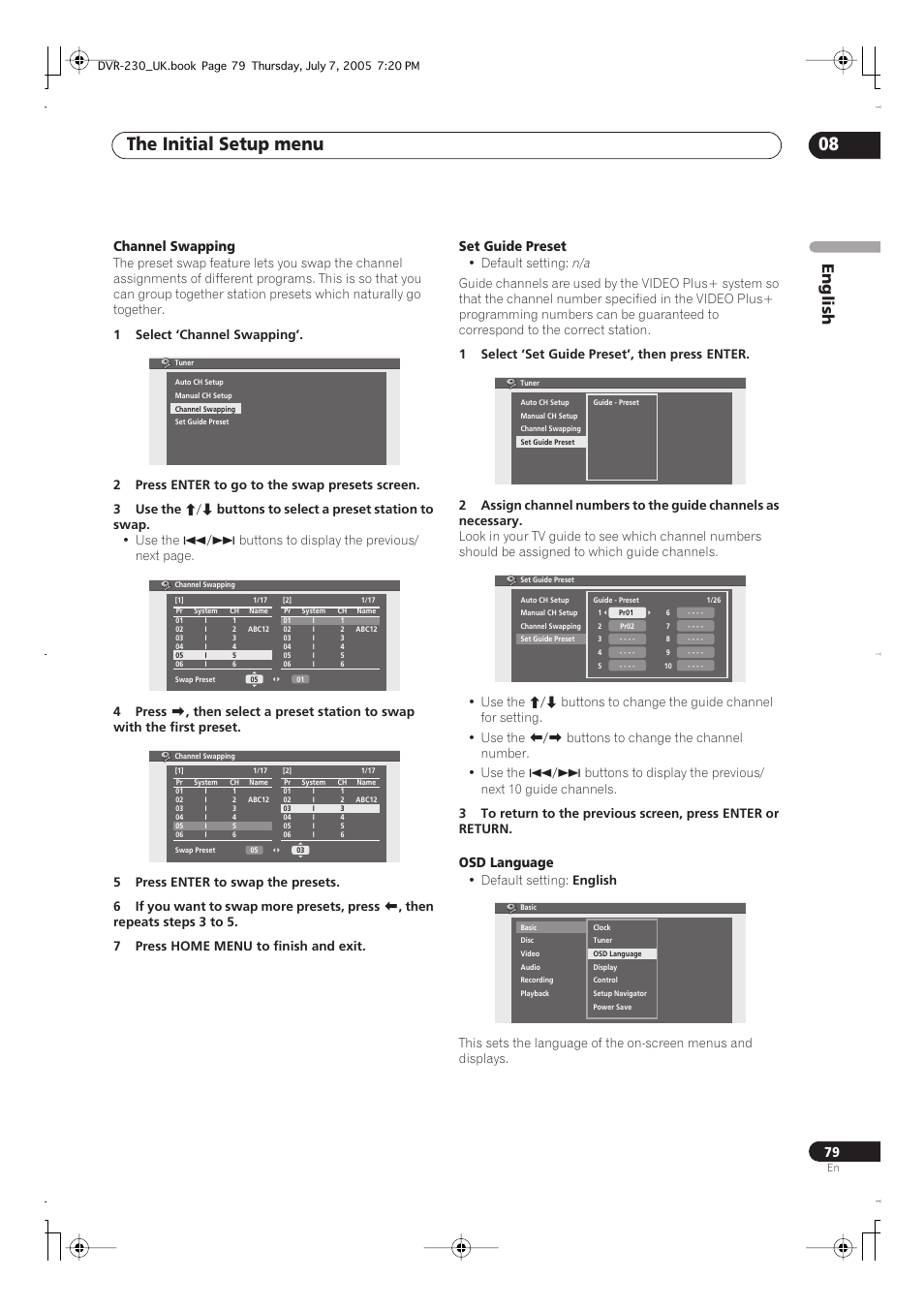 The initial setup menu 08, English, Channel swapping | Set guide preset, Osd language | Pioneer RCS-55 User Manual | Page 79 / 104