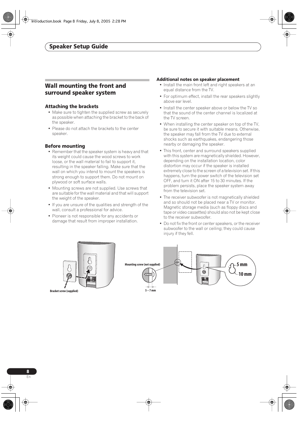 Attaching the brackets, Before mounting, Speaker setup guide | 5 mm 10 mm | Pioneer RCS-55 User Manual | Page 8 / 104