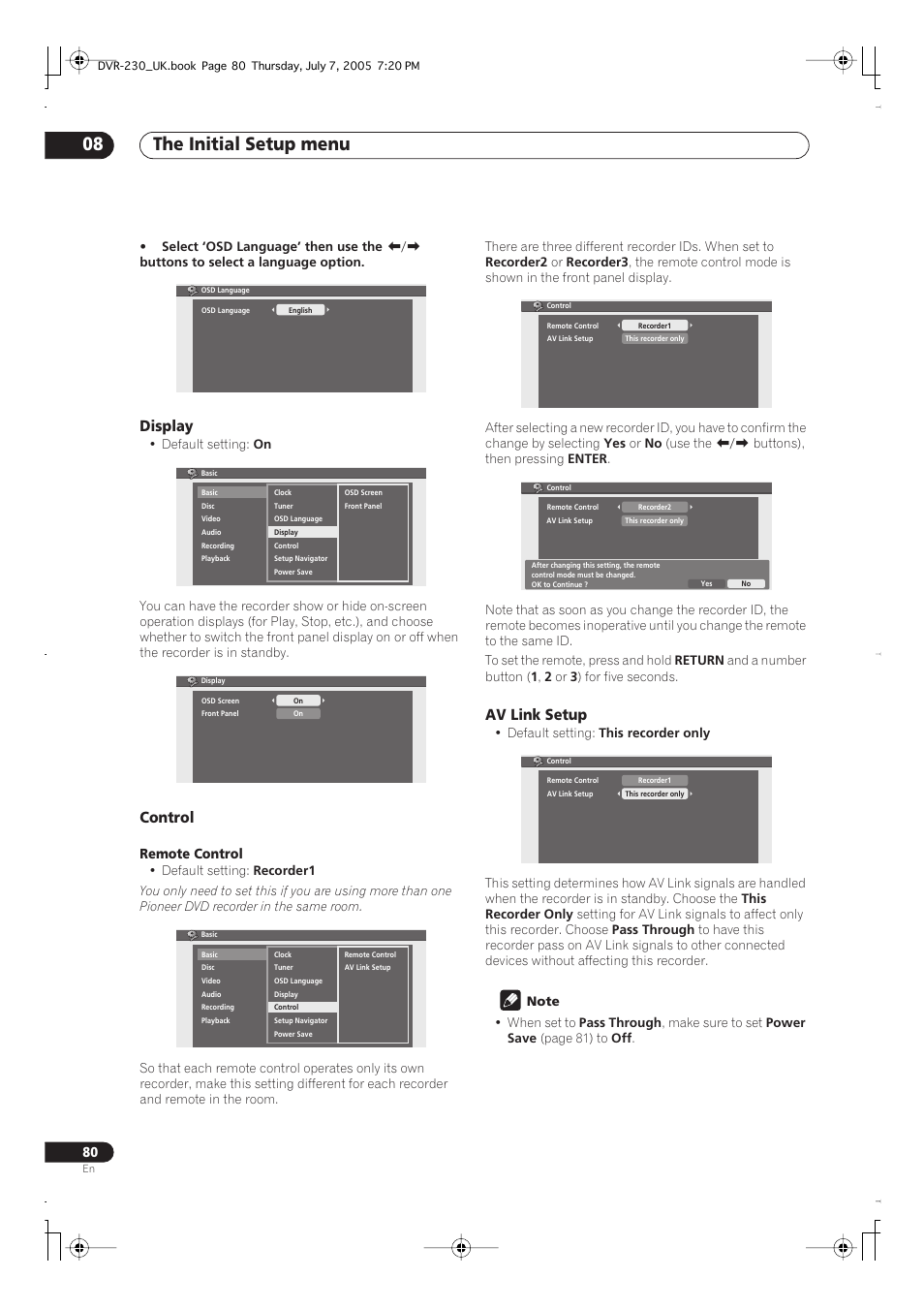 The initial setup menu 08, Display, Control | Av link setup | Pioneer RCS-55 User Manual | Page 80 / 104