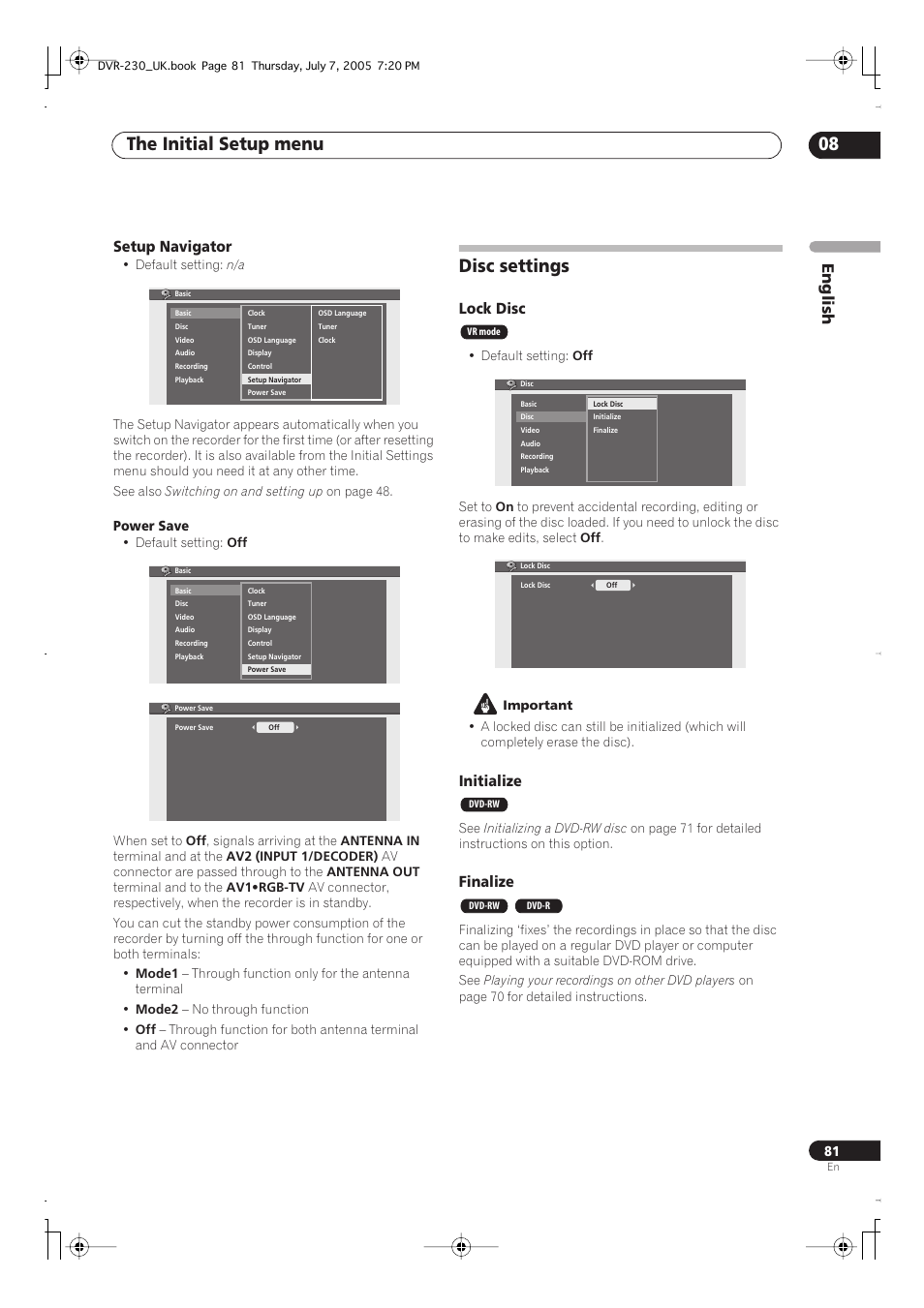 Disc settings, The initial setup menu 08, English | Setup navigator, Lock disc, Initialize, Finalize | Pioneer RCS-55 User Manual | Page 81 / 104