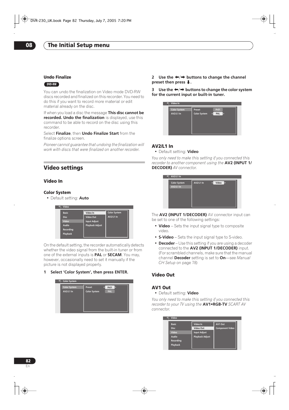 Video settings, The initial setup menu 08, Video in | Av2/l1 in, Video out av1 out | Pioneer RCS-55 User Manual | Page 82 / 104