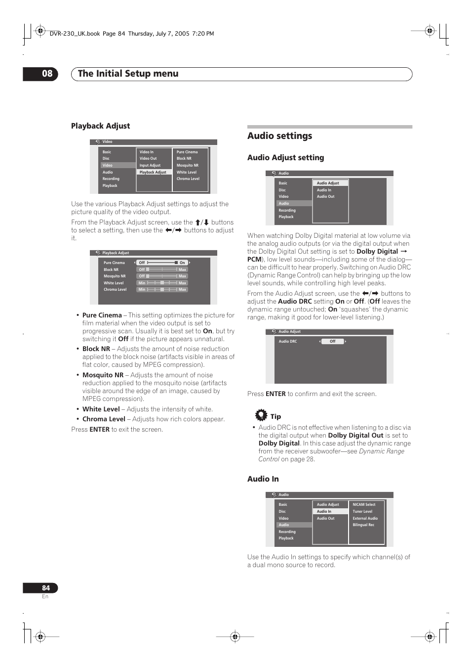 Audio settings, The initial setup menu 08, Playback adjust | Audio adjust setting, Audio in | Pioneer RCS-55 User Manual | Page 84 / 104