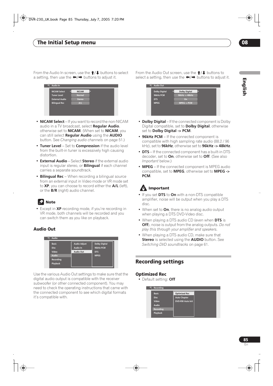 Recording settings, The initial setup menu 08 | Pioneer RCS-55 User Manual | Page 85 / 104