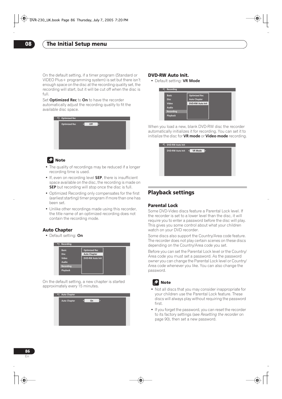 Playback settings, The initial setup menu 08, Auto chapter | Dvd-rw auto init, Parental lock | Pioneer RCS-55 User Manual | Page 86 / 104