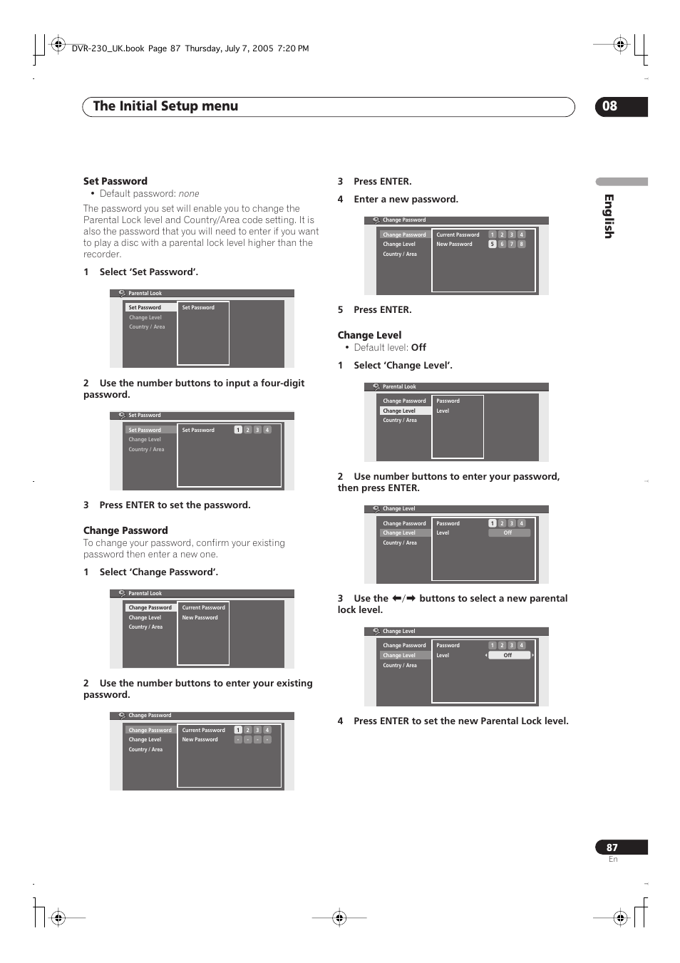 The initial setup menu 08, English, Set password | Change password, Change level | Pioneer RCS-55 User Manual | Page 87 / 104
