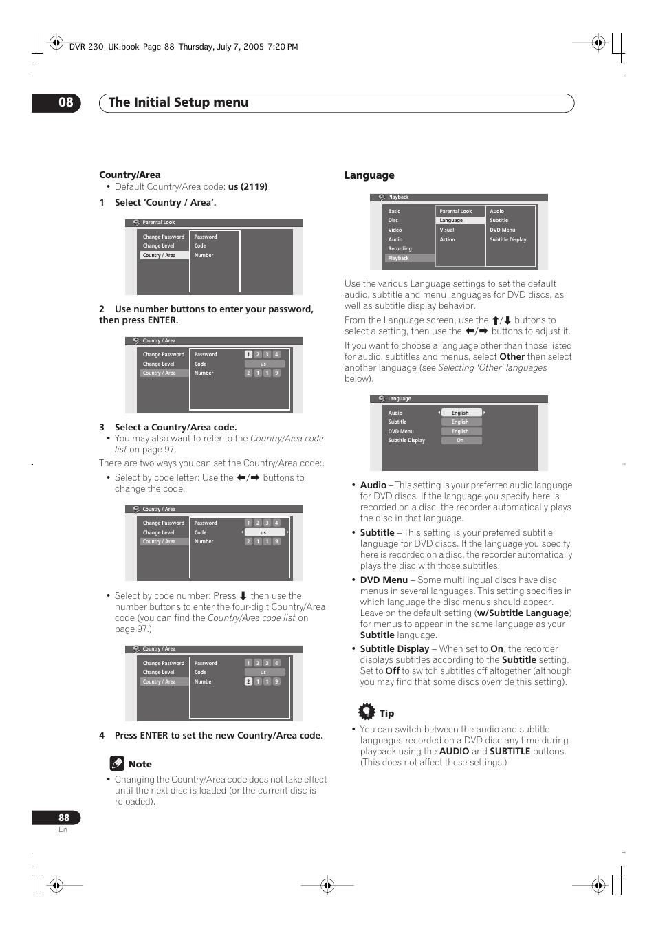 The initial setup menu 08, Language | Pioneer RCS-55 User Manual | Page 88 / 104