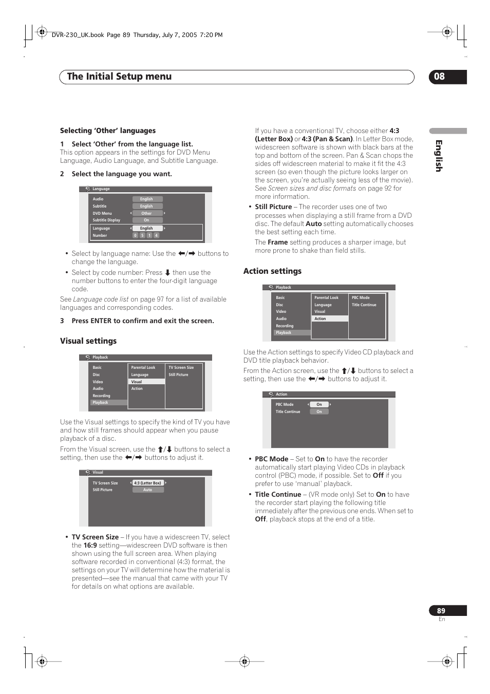 The initial setup menu 08, English, Visual settings | Action settings | Pioneer RCS-55 User Manual | Page 89 / 104