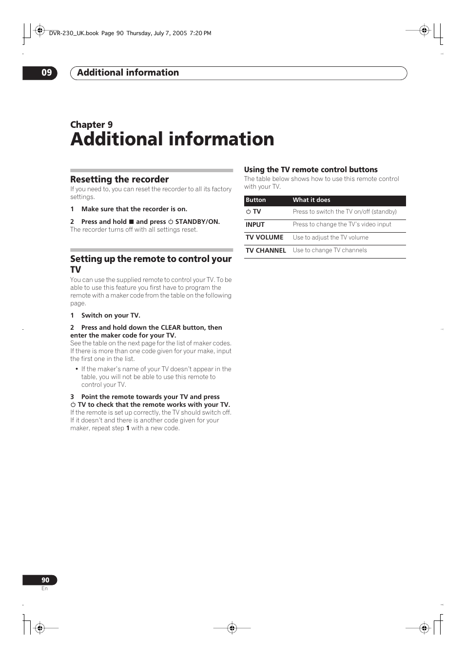 09 additional information, Resetting the recorder, Setting up the remote to control your tv | Additional information, Additional information 09, Chapter 9 | Pioneer RCS-55 User Manual | Page 90 / 104