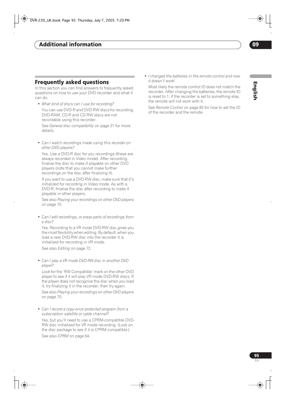 Frequently asked questions, Additional information 09 | Pioneer RCS-55 User Manual | Page 95 / 104
