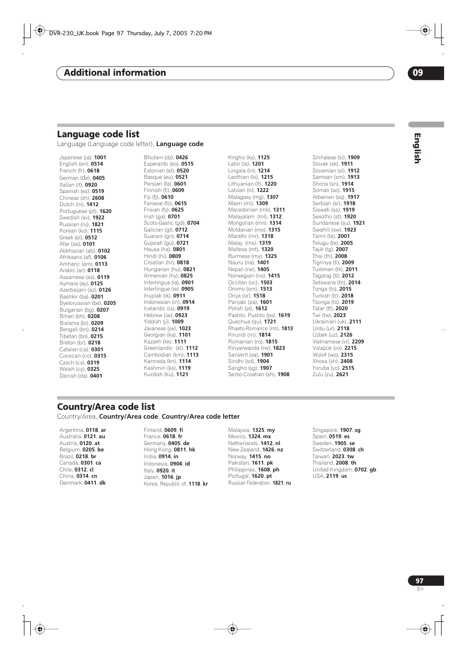 Language code list, Country/area code list, Additional information 09 | English | Pioneer RCS-55 User Manual | Page 97 / 104