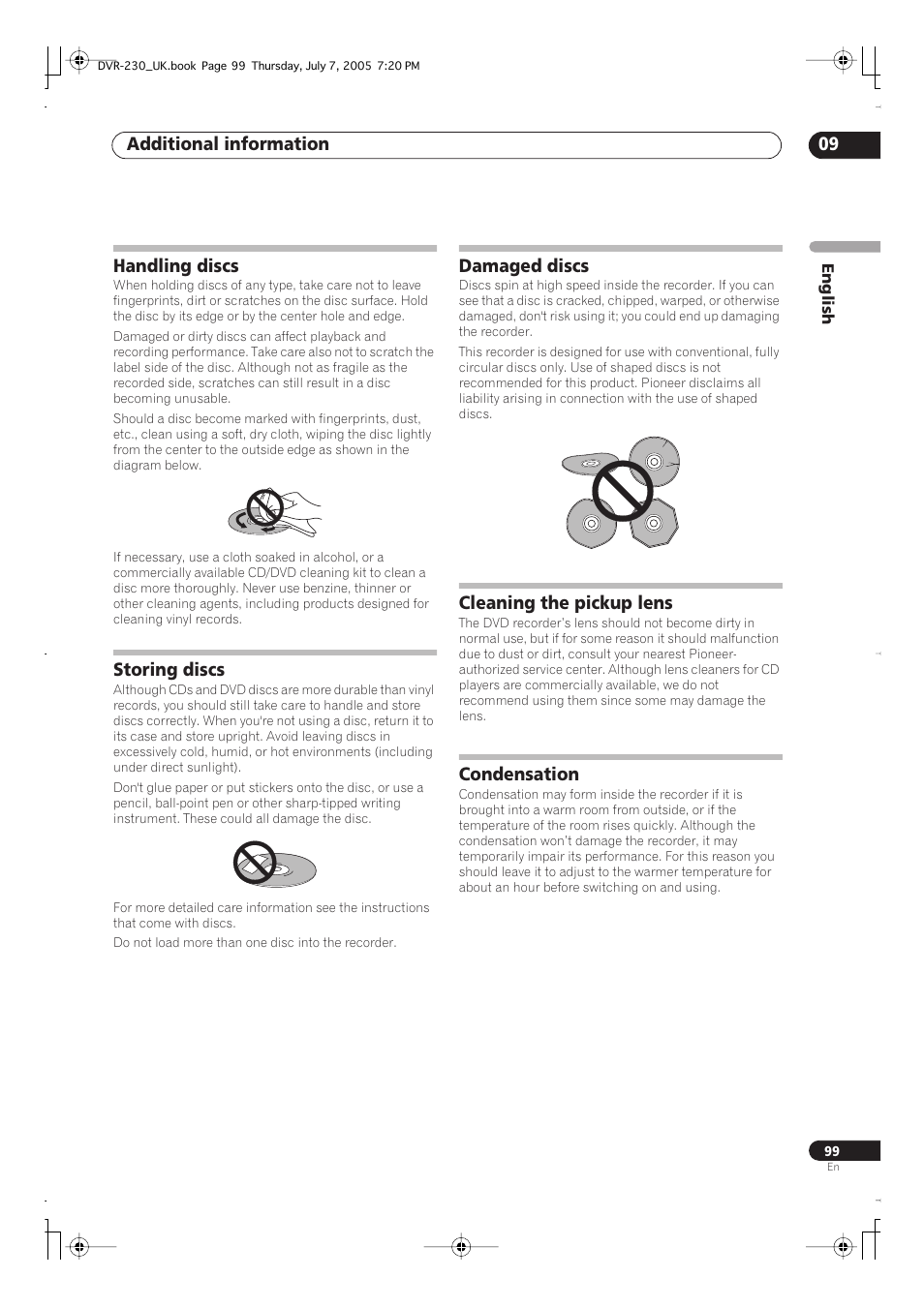 Handling discs, Storing discs, Damaged discs | Cleaning the pickup lens, Condensation, Additional information 09 | Pioneer RCS-55 User Manual | Page 99 / 104