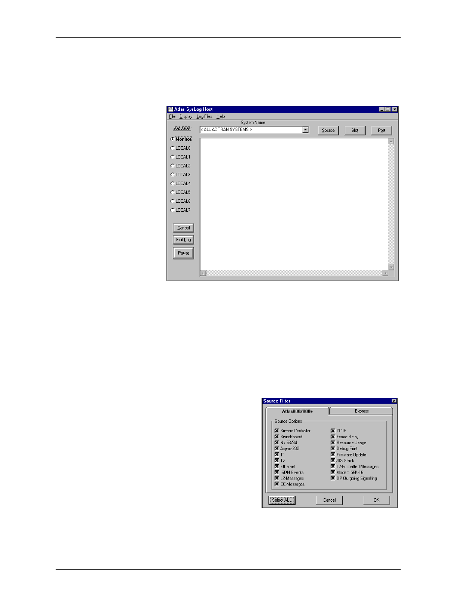 Syslog gui, Monitor, Syslog gui -2 | Monitor -2, Figure 12-1. atlas syslog host gui -2 | ADTRAN ATLAS 810 Plus User Manual | Page 138 / 188