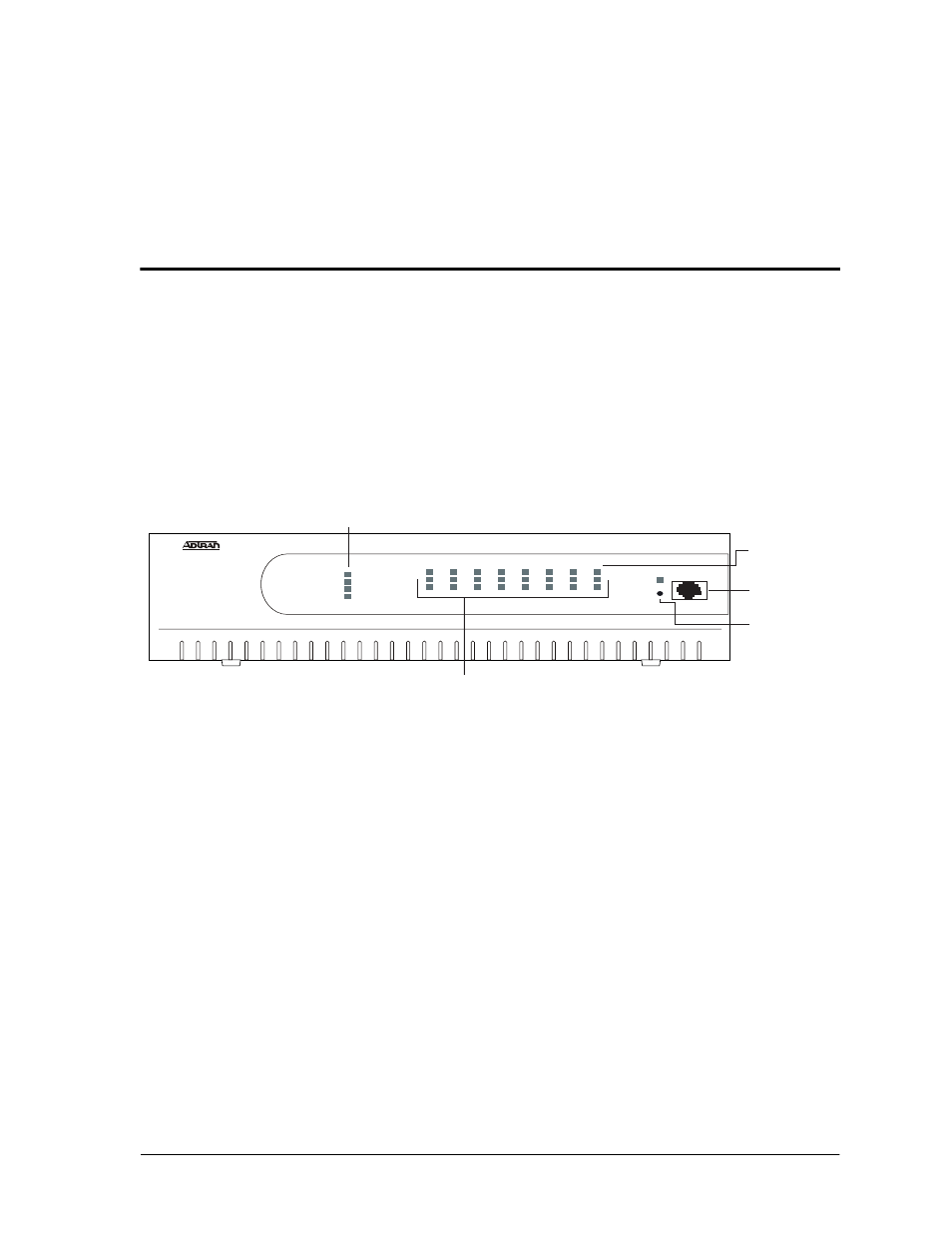 Chapter 4 using the front panel, Overview, System led | Aco switch, Chapter 4, using the front panel , describes ho, Figure 4-1. atlas 810, Using the front panel, Chapter 4, Front panel layout, See also system led in table 4-2 on page 4-3) | ADTRAN ATLAS 810 Plus User Manual | Page 43 / 188