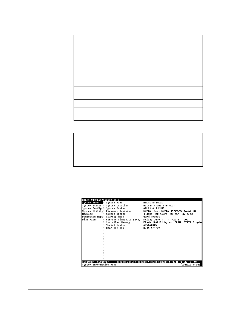 System info, System info -2, Figure 6-1. system information menu -2 | Table 6-1, Password security levels -2, Level. table 6-1, Menus | ADTRAN ATLAS 810 Plus User Manual | Page 54 / 188