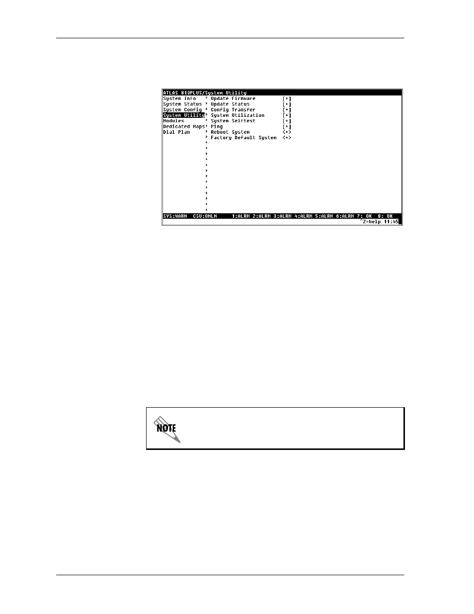 System utility, Update firmware, Module slot | System utility -16, Update firmware -16, Figure 6-4. system utility menu -16 | ADTRAN ATLAS 810 Plus User Manual | Page 68 / 188