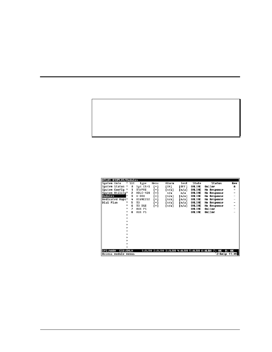 Chapter 7 modules terminal menu, Modules, Chapter 7, modules terminal menu | Chapter 7 modules terminal menu -1 modules -1, Figure 7-1. modules menu -1, Modules terminal menu, Chapter 7, Menus | ADTRAN ATLAS 810 Plus User Manual | Page 77 / 188