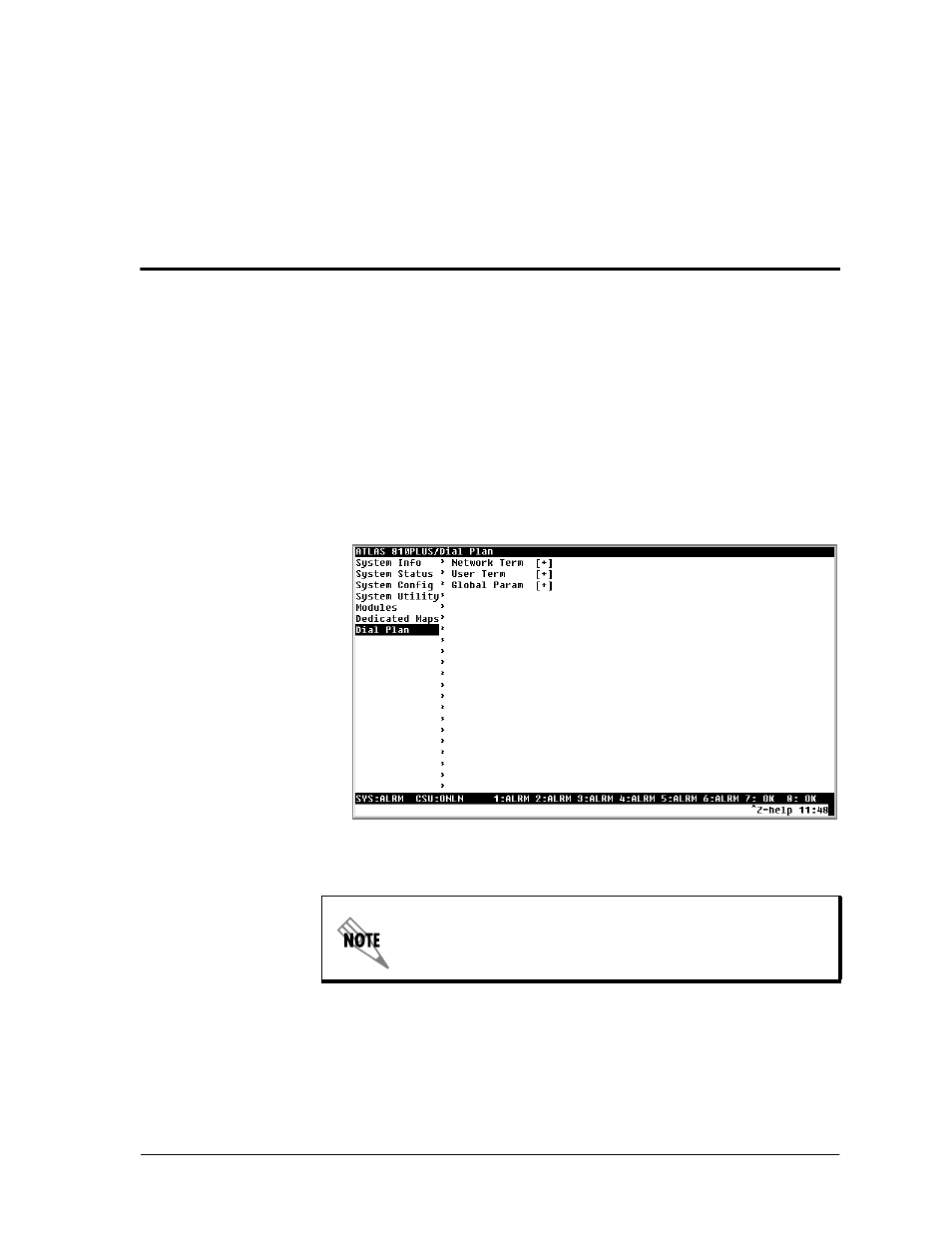 Chapter 9 dial plan terminal menu, Overview, Chapter 9, dial plan terminal menu | Chapter 9 dial plan terminal menu -1 overview -1, Figure 9-1. dial plan menu -1, Dial plan terminal menu, Chapter 9 | ADTRAN ATLAS 810 Plus User Manual | Page 95 / 188
