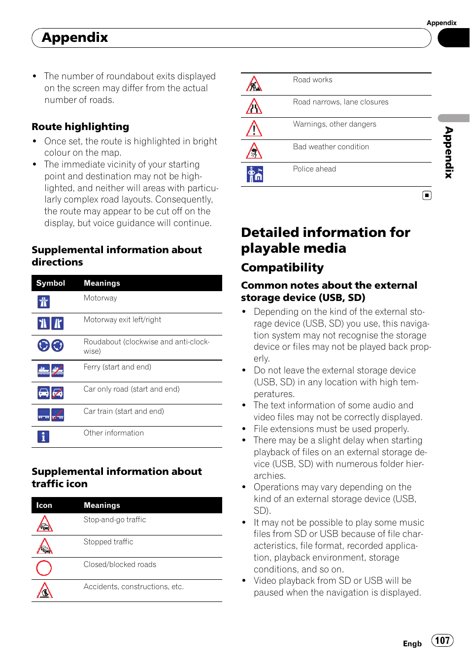 Detailed information for playable media, Compatibility 107, Appendix | Compatibility | Pioneer AVIC F500BT User Manual | Page 107 / 124