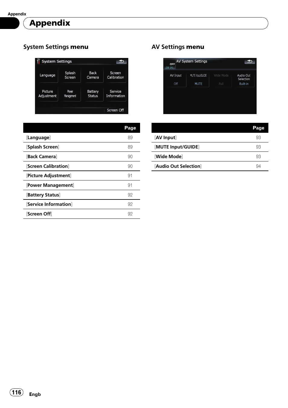 Appendix, System settings menu, Av settings menu | Pioneer AVIC F500BT User Manual | Page 116 / 124