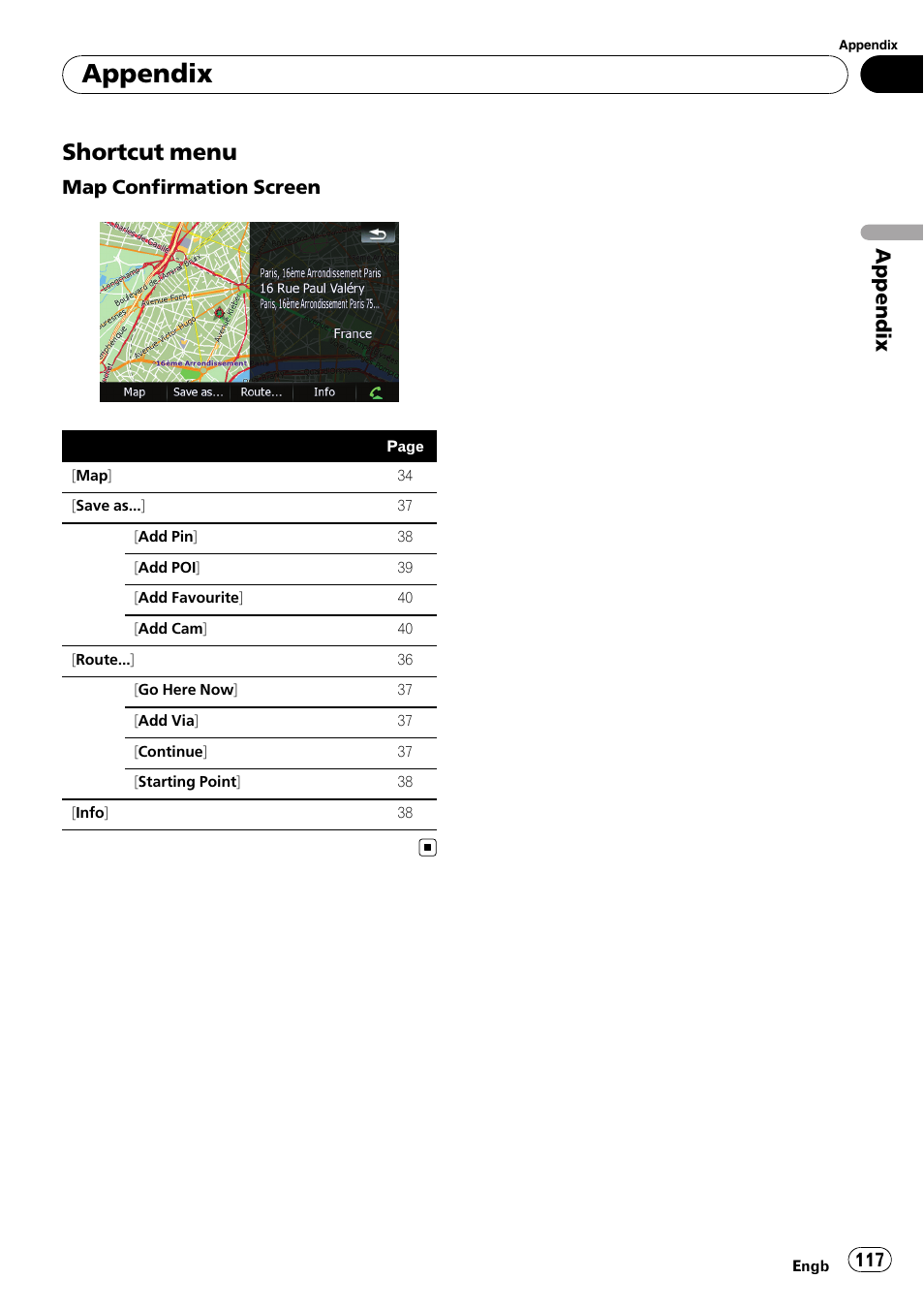 Shortcut menu 117, Appendix, Shortcut menu | Map confirmation screen | Pioneer AVIC F500BT User Manual | Page 117 / 124