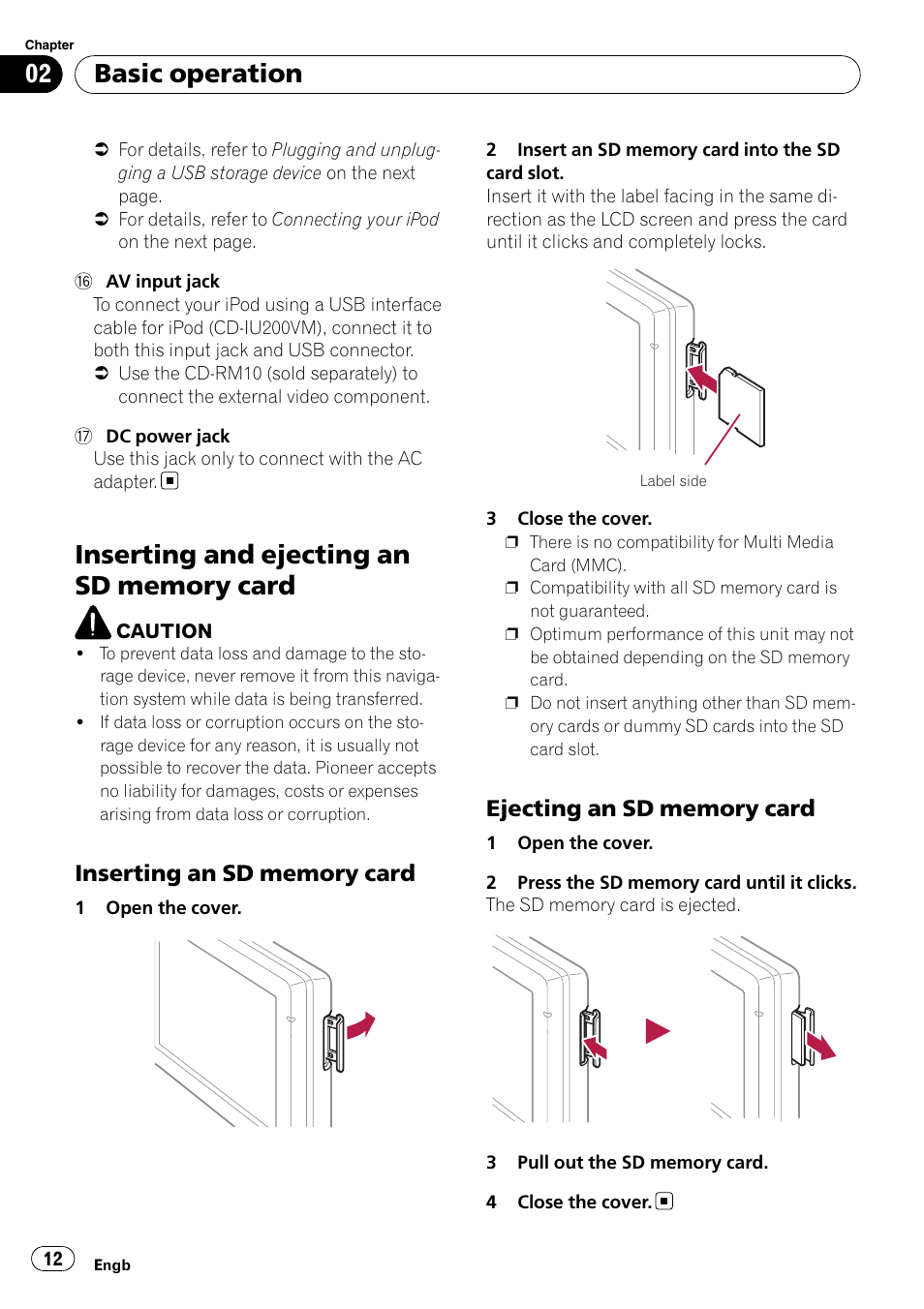 Inserting and ejecting an sd memory, Card, Inserting an sd memory card 12 | Ejecting an sd memory card 12, Basic operation | Pioneer AVIC F500BT User Manual | Page 12 / 124