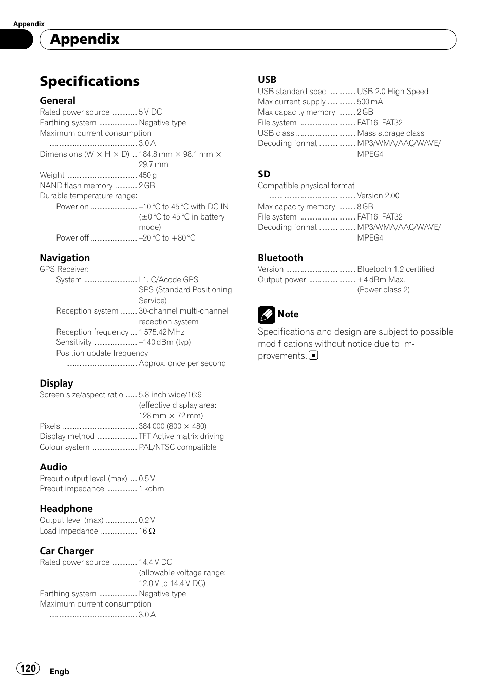 Specifications, Appendix | Pioneer AVIC F500BT User Manual | Page 120 / 124