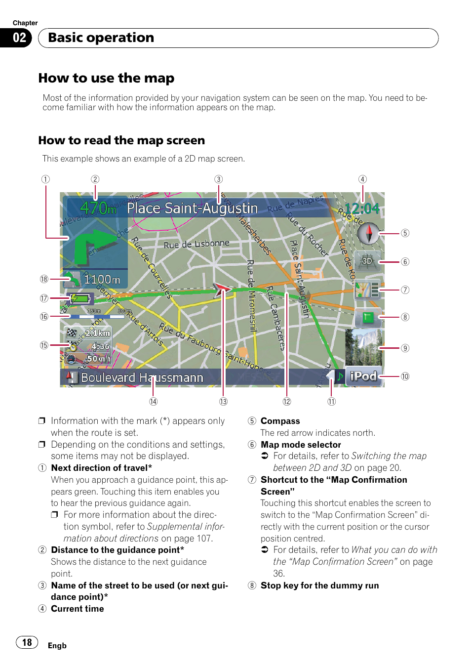 How to use the map, How to read the map screen 18, Basic operation | How to read the map screen | Pioneer AVIC F500BT User Manual | Page 18 / 124