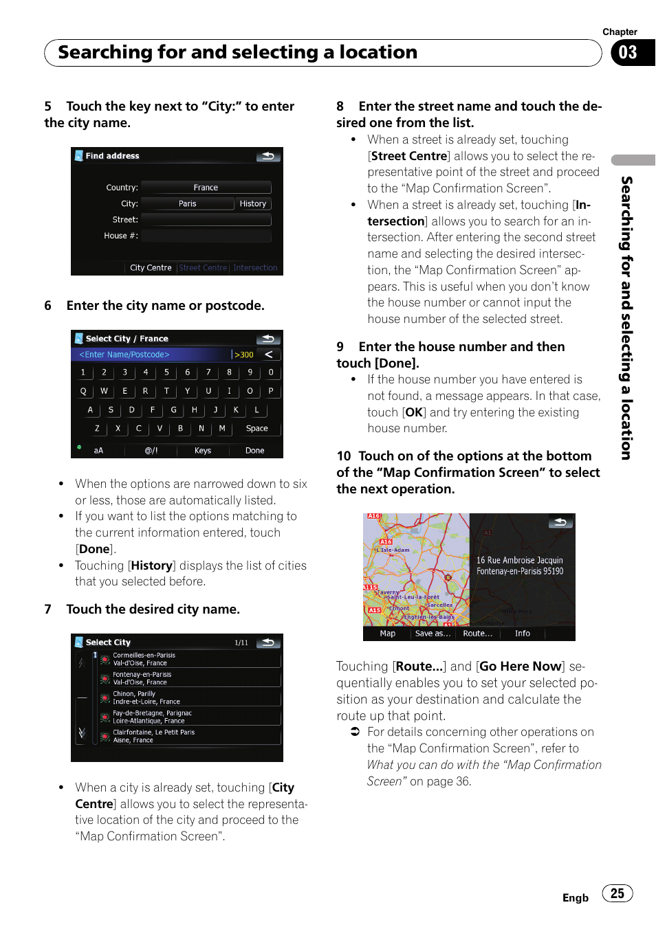 Searching for and selecting a location | Pioneer AVIC F500BT User Manual | Page 25 / 124
