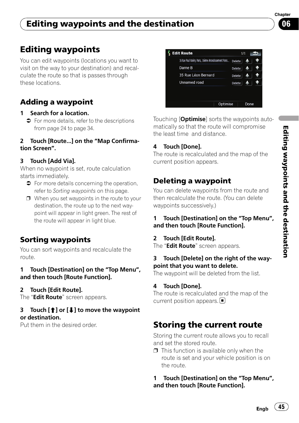 Adding a waypoint 45, Sorting waypoints 45, Deleting a waypoint 45 | Storing the current route, Editing waypoints, Editing waypoints and the destination, Adding a waypoint, Sorting waypoints, Deleting a waypoint | Pioneer AVIC F500BT User Manual | Page 45 / 124