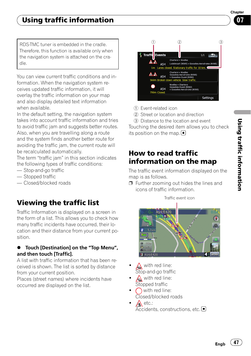 Using traffic information viewing the traffic list, How to read traffic information on the, Viewing the traffic list | How to read traffic information on the map, Using traffic information | Pioneer AVIC F500BT User Manual | Page 47 / 124