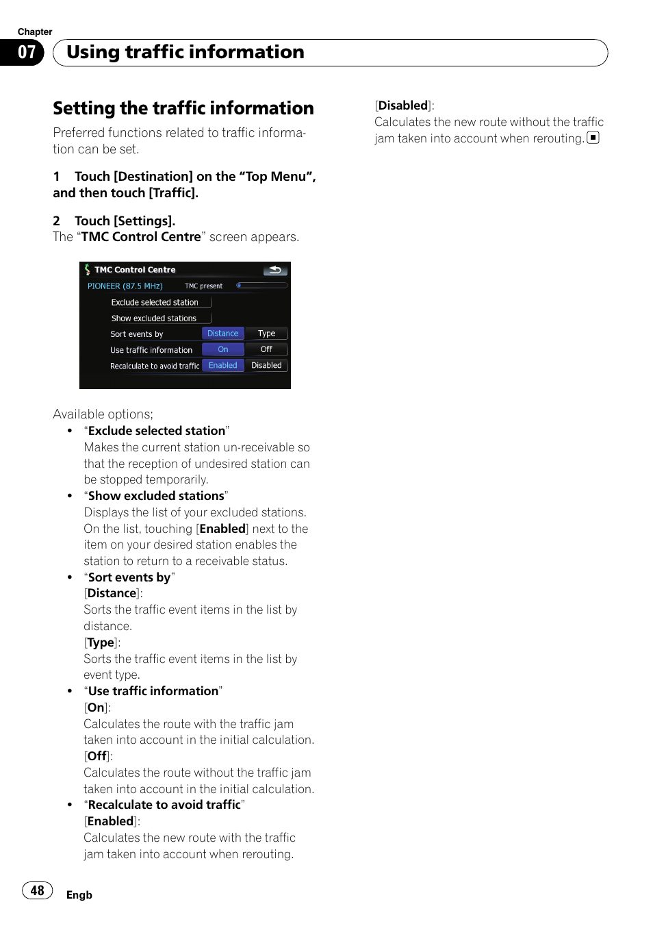 Setting the traffic information, Using traffic information | Pioneer AVIC F500BT User Manual | Page 48 / 124