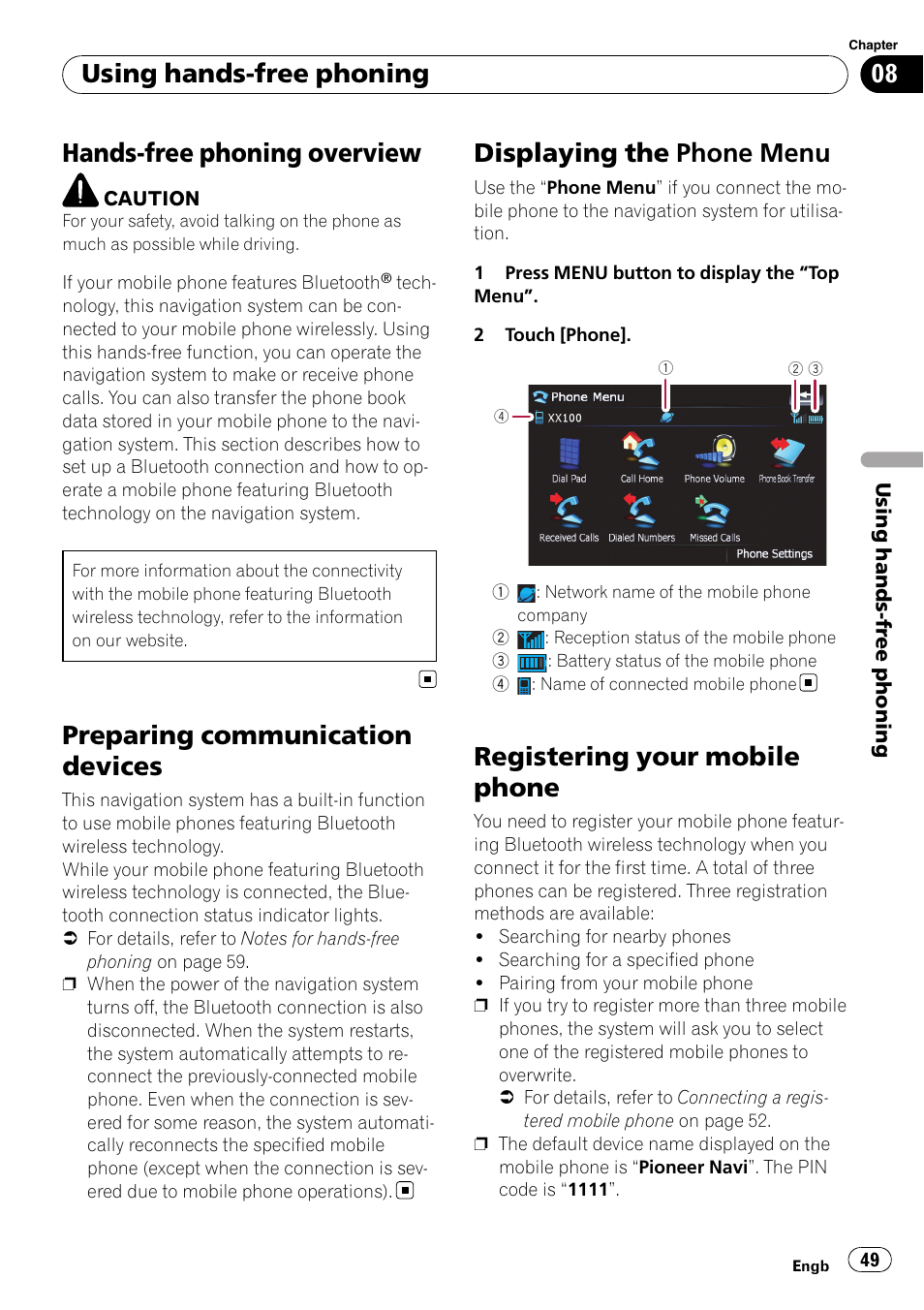 Preparing communication devices, Displaying the phone menu, Registering your mobile phone | Chapter 8, Hands-free phoning overview, Using hands-free phoning | Pioneer AVIC F500BT User Manual | Page 49 / 124