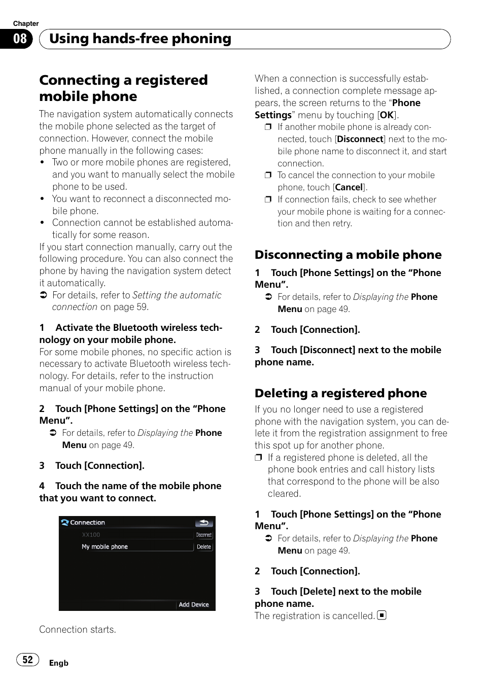 Connecting a registered mobile phone, Disconnecting a mobile phone 52, Deleting a registered phone 52 | Connecting a regis, Using hands-free phoning, Disconnecting a mobile phone, Deleting a registered phone | Pioneer AVIC F500BT User Manual | Page 52 / 124