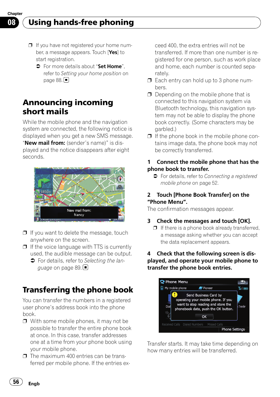 Announcing incoming short mails, Transferring the phone book, Using hands-free phoning | Pioneer AVIC F500BT User Manual | Page 56 / 124