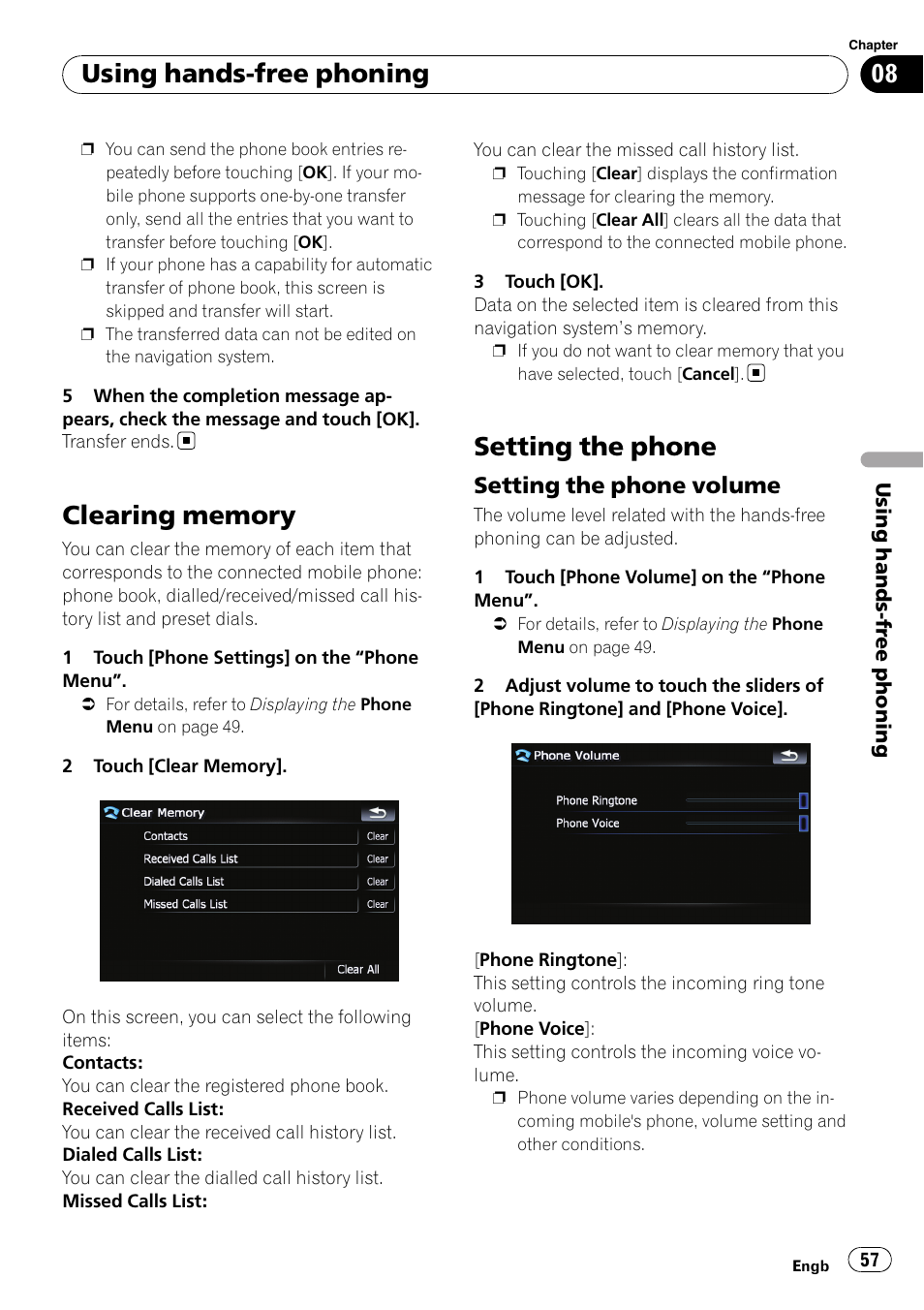 Clearing memory, Setting the phone, Setting the phone volume 57 | Setting the phone volume, Using hands-free phoning | Pioneer AVIC F500BT User Manual | Page 57 / 124